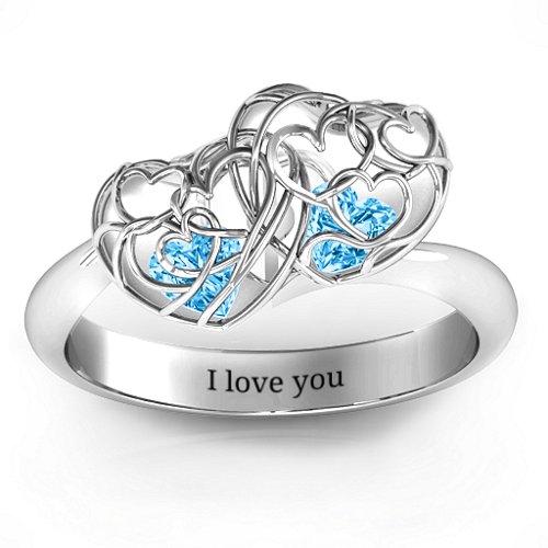 Double Heart Cage Ring with 1-6 Heart Shaped Birthstones