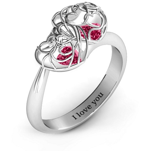 Double Heart Cage Ring with 1-6 Heart Shaped Birthstones – Sterling Silver with Ruby