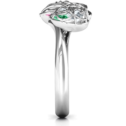 Double Heart Cage Ring with 1-6 Heart Shaped Birthstones – Sterling Silver with Pink Tourmaline, Emerald, and Cubic Zirconia