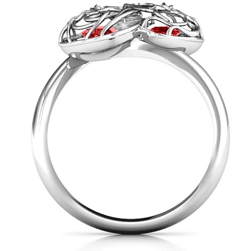 Double Heart Cage Ring with 1-6 Heart Shaped Birthstones – Sterling Silver with Garnet