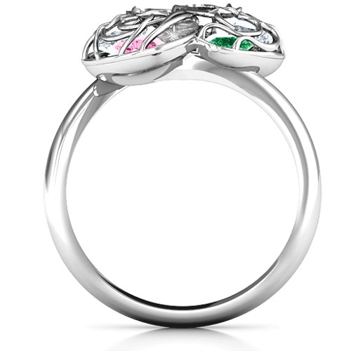 Double Heart Cage Ring with 1-6 Heart Shaped Birthstones – Sterling Silver with Pink Tourmaline, Emerald, and Cubic Zirconia