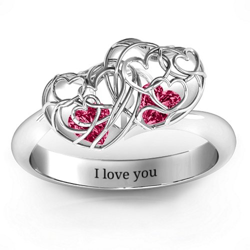 Double Heart Cage Ring with 1-6 Heart Shaped Birthstones – Sterling Silver with Ruby