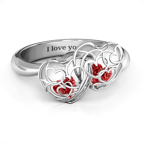Double Heart Cage Ring with 1-6 Heart Shaped Birthstones – Sterling Silver with Garnet