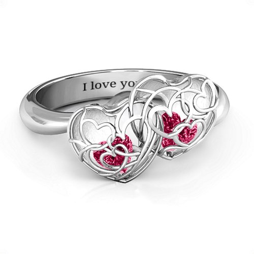Double Heart Cage Ring with 1-6 Heart Shaped Birthstones – Sterling Silver with Ruby
