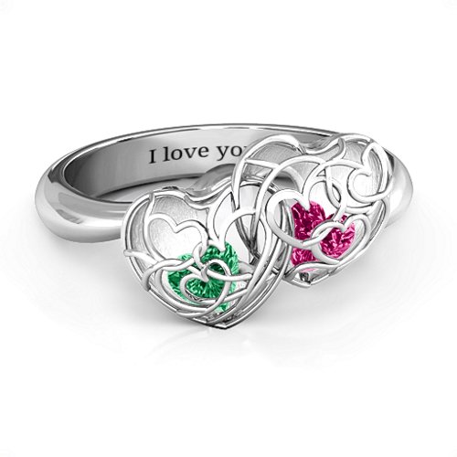 Double Heart Cage Ring with 1-6 Heart Shaped Birthstones – Sterling Silver with Emerald and Ruby