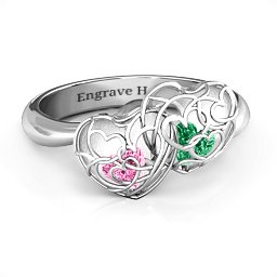 Double Heart Cage Ring with 1-6 Heart Shaped Birthstones in 10K Solid White Gold with Pink Tourmaline and Emerald
