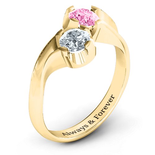 Two Stone Sparkle Ring – 14K Yellow Gold with Cubic Zirconia and Pink Tourmaline