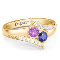 Flared Bypass Ring with Round Gemstones and Accents in 14K Solid Yellow Gold with Amethyst, Blue Sapphire, and White Premium Zirconia