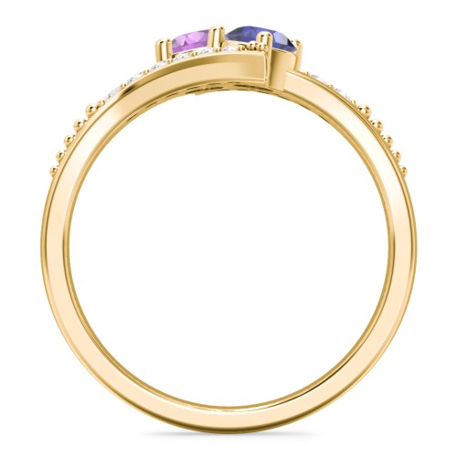 Flared Bypass Ring with Round Gemstones and Accents – 14K Yellow Gold with Amethyst, Blue Sapphire, and White Premium Zirconia