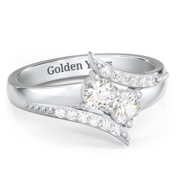 Flared Bypass Ring with Round Gemstones and Accents in 925 Sterling Silver with Cubic Zirconia and White Premium Zirconia