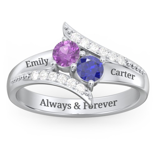 Flared Bypass Ring with Round Gemstones and Accents – Sterling Silver with Amethyst, Blue Sapphire, and White Premium Zirconia