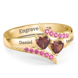 Flared Bypass Ring with Heart Gemstones and Accents