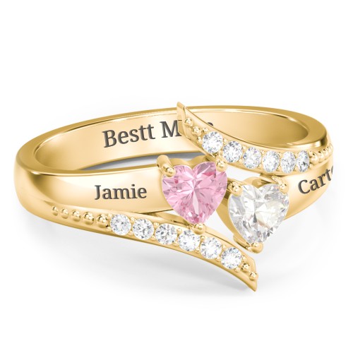 Flared Bypass Ring with Heart Gemstones and Accents