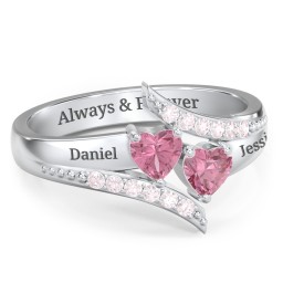 Flared Bypass Ring with Heart Gemstones and Accents in 925 Sterling Silver with Pink Tourmaline and Fancy Pink Premium Zirconia
