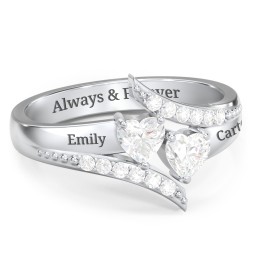 Flared Bypass Ring with Heart Gemstones and Accents in 925 Sterling Silver with Diamond