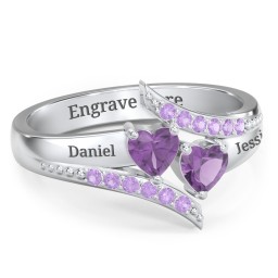 Flared Bypass Ring with Heart Gemstones and Accents in 925 Sterling Silver with Amethyst and Amethyst Premium Zirconia