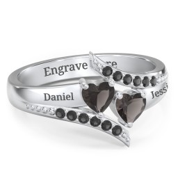 Flared Bypass Ring with Heart Gemstones and Accents in 925 Sterling Silver with Smokey Quartz and Black Premium Zirconia