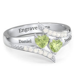 Flared Bypass Ring with Heart Gemstones and Accents in 925 Sterling Silver with Peridot and Fancy Yellow Premium Zirconia