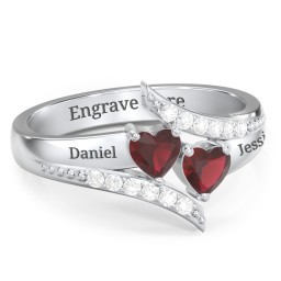Flared Bypass Ring with Heart Gemstones and Accents in 925 Sterling Silver with Garnet and White Premium Zirconia