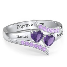 Flared Bypass Ring with Heart Gemstones and Accents in 925 Sterling Silver with Amethyst and Amethyst Premium Zirconia