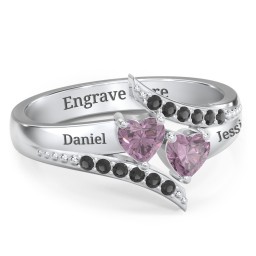 Flared Bypass Ring with Heart Gemstones and Accents in 925 Sterling Silver with Alexandrite and Black Premium Zirconia