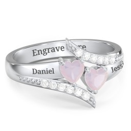 Flared Bypass Ring with Heart Gemstones and Accents in 925 Sterling Silver with Opal and White Premium Zirconia