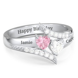 Flared Bypass Ring with Heart Gemstones and Accents in 925 Sterling Silver
