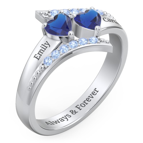 Flared Bypass Ring with Heart Gemstones and Accents – Sterling Silver with Blue Sapphire and Fancy Blue Premium Zirconia