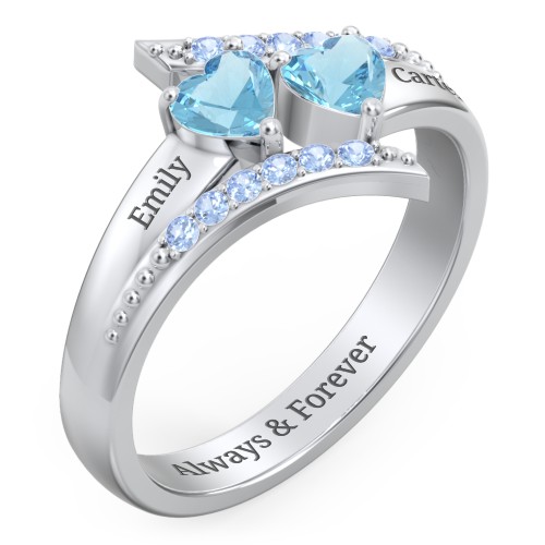 Flared Bypass Ring with Heart Gemstones and Accents – Sterling Silver with Blue Topaz and Fancy Blue Premium Zirconia