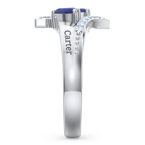 Flared Bypass Ring with Heart Gemstones and Accents – Sterling Silver with Blue Sapphire and Fancy Blue Premium Zirconia