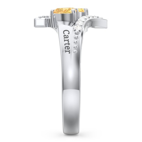 Flared Bypass Ring with Heart Gemstones and Accents – Sterling Silver with Citrine and White Premium Zirconia