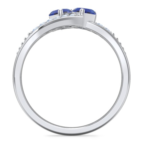 Flared Bypass Ring with Heart Gemstones and Accents – Sterling Silver with Blue Sapphire and Fancy Blue Premium Zirconia