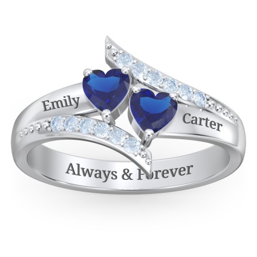Flared Bypass Ring with Heart Gemstones and Accents – Sterling Silver with Blue Sapphire and Fancy Blue Premium Zirconia