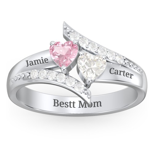 Flared Bypass Ring with Heart Gemstones and Accents – Sterling Silver with Pink Tourmaline, Cubic Zirconia, and White Premium Zirconia