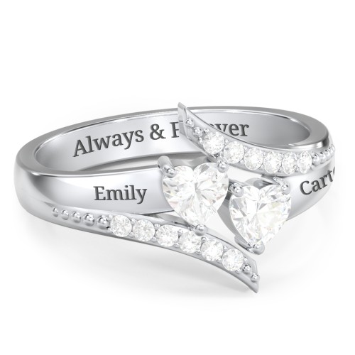 Flared Bypass Ring with Heart Gemstones and Accents – Sterling Silver with Cubic Zirconia and White Premium Zirconia