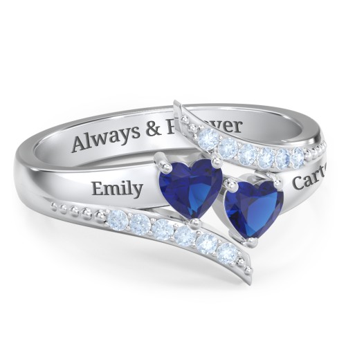 Flared Bypass Ring with Heart Gemstones and Accents – Sterling Silver with Blue Sapphire and Fancy Blue Premium Zirconia