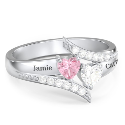Flared Bypass Ring with Heart Gemstones and Accents – Sterling Silver with Pink Tourmaline, Cubic Zirconia, and White Premium Zirconia