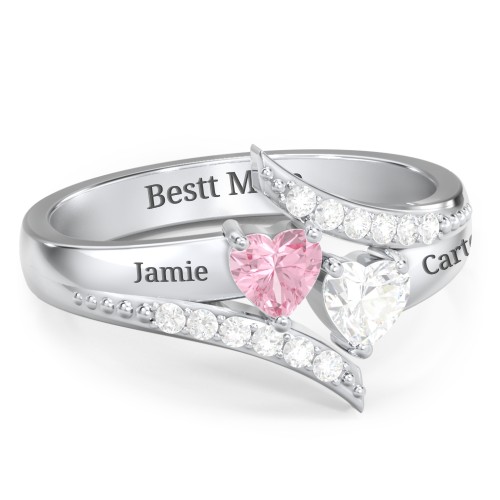 Flared Bypass Ring with Heart Gemstones and Accents – Sterling Silver with Pink Tourmaline, Cubic Zirconia, and White Premium Zirconia