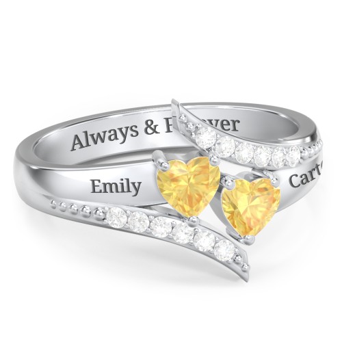 Flared Bypass Ring with Heart Gemstones and Accents – Sterling Silver with Citrine and White Premium Zirconia