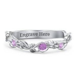 Leaf Band Ring with Gemstones in 925 Sterling Silver with Amethyst