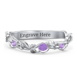 Leaf Band Ring with Gemstones in 925 Sterling Silver with Amethyst