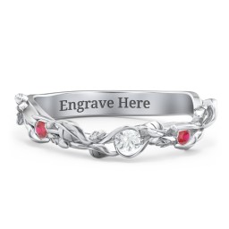 Leaf Band Ring with Gemstones in 925 Sterling Silver with Cubic Zirconia and Garnet