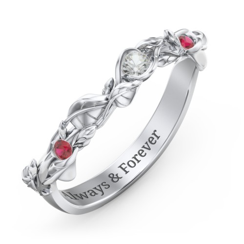 Leaf Band Ring with Gemstones – 10K White Gold with Cubic Zirconia and Garnet