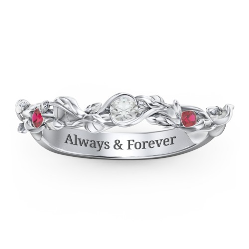 Leaf Band Ring with Gemstones – 10K White Gold with Cubic Zirconia and Garnet