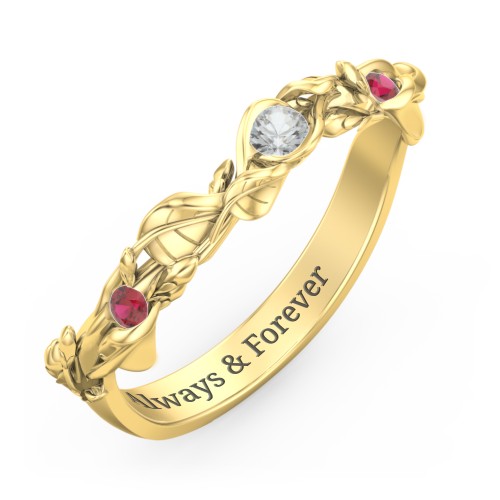 Leaf Band Ring with Gemstones – 10K Yellow Gold with Cubic Zirconia and Garnet