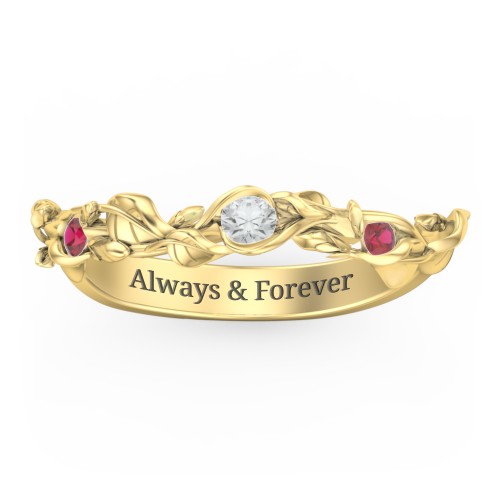 Leaf Band Ring with Gemstones – 10K Yellow Gold with Cubic Zirconia and Garnet