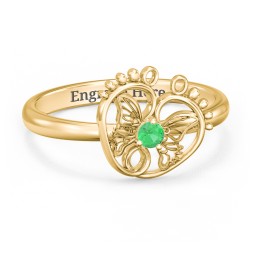 Butterfly Baby Feet Ring in 10K Solid Yellow Gold with Emerald