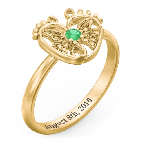 Butterfly Baby Feet Ring – 10K Yellow Gold with Emerald