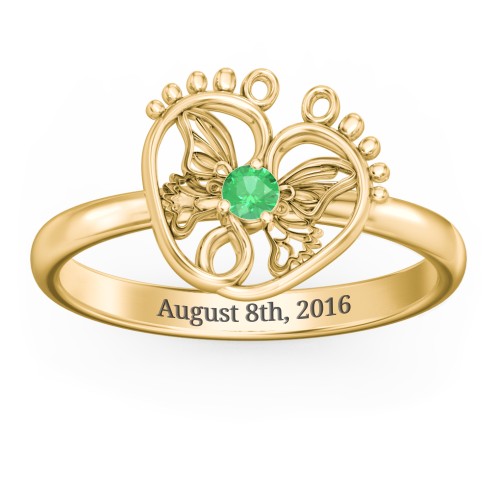 Butterfly Baby Feet Ring – 10K Yellow Gold with Emerald