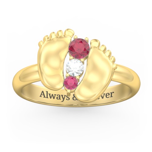 Baby Feet Birthstone Ring – 10K Yellow Gold with Ruby and Cubic Zirconia